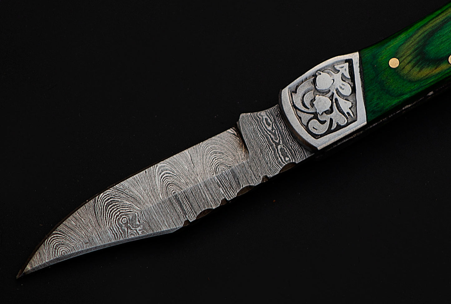 7" long back lock Folding Knife, Green colored wood Scale with Engraved steel bolster, custom made 3.25" Hand Forged Damascus steel blade, Cow hide leather sheath with belt loop