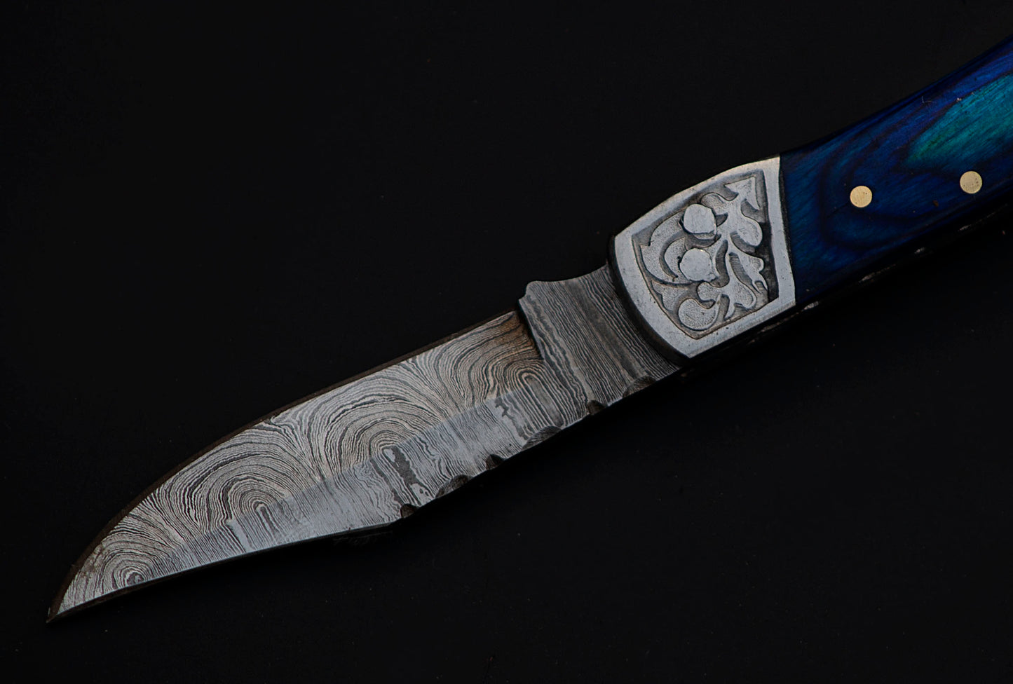 7" long back lock Folding Knife, Blue wood Scale with Engraved steel bolster, custom made 3.25" Hand Forged Damascus steel blade, Cow hide leather sheath with belt loop