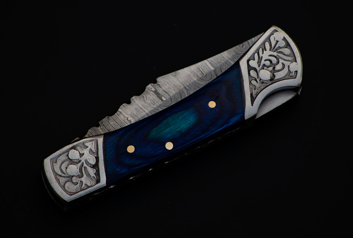 7" long back lock Folding Knife, Blue wood Scale with Engraved steel bolster, custom made 3.25" Hand Forged Damascus steel blade, Cow hide leather sheath with belt loop