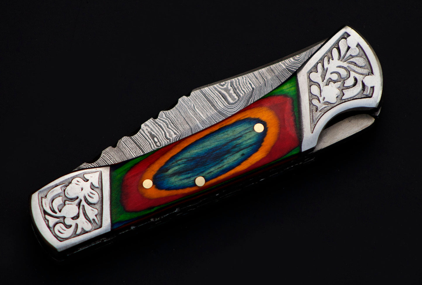Copy of 7" long back lock Folding Knife, Blue & Orange colored wood Scale with Engraved steel bolster, custom made 3.25" Hand Forged Damascus steel blade, Cow hide leather sheath with belt loop