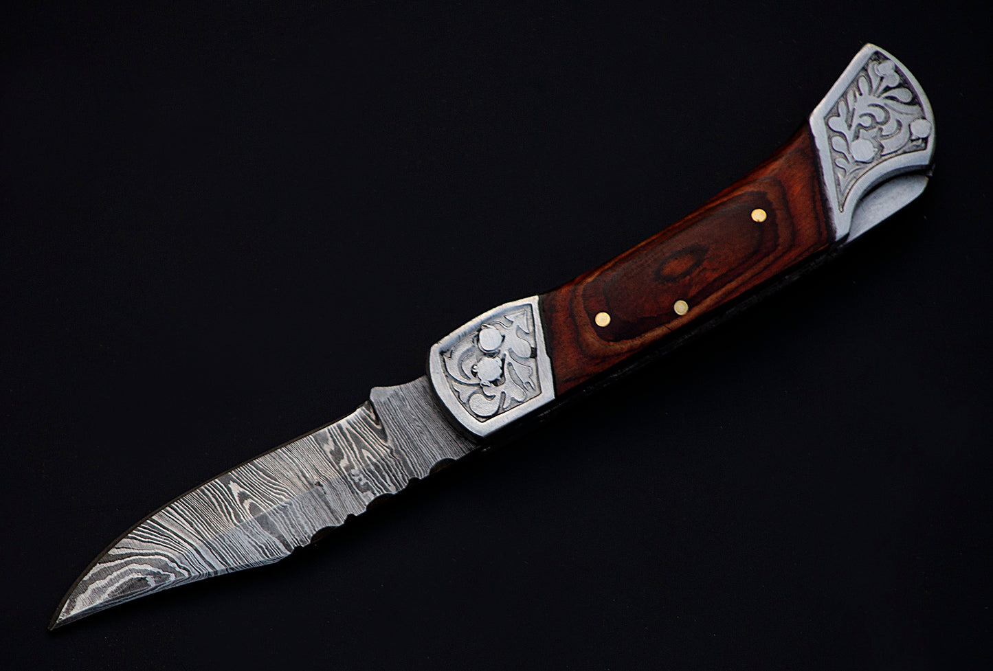7" long back lock Folding Knife, Rose wood Scale with Engraved steel bolster, custom made 3.25" Hand Forged Damascus steel blade, Cow hide leather sheath with belt loop
