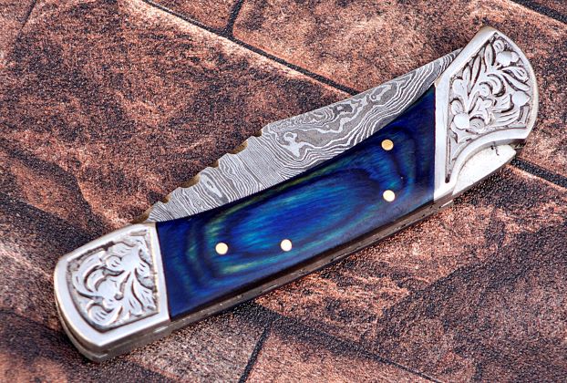 9" long back lock Folding Knife, Blue wood Scale with Engraved steel bolster, custom made 4" Hand Forged Damascus steel blade, Cow hide leather sheath with belt loop