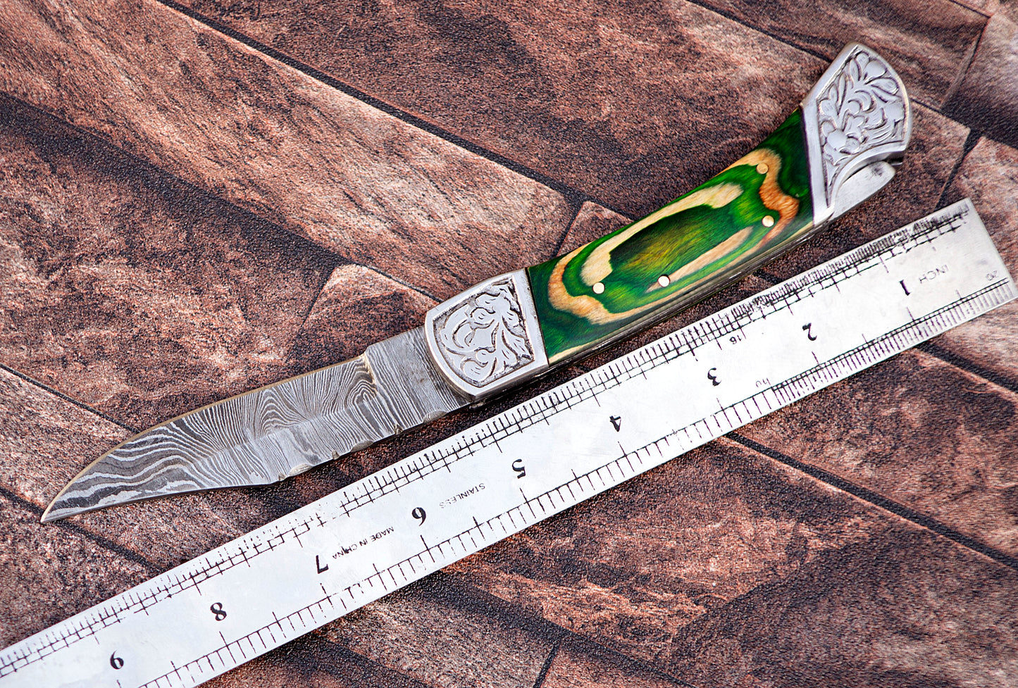 9" long back lock Folding Knife, parrot green wood Scale with Engraved steel bolster, custom made 4" Hand Forged Damascus steel blade, Cow hide leather sheath with belt loop