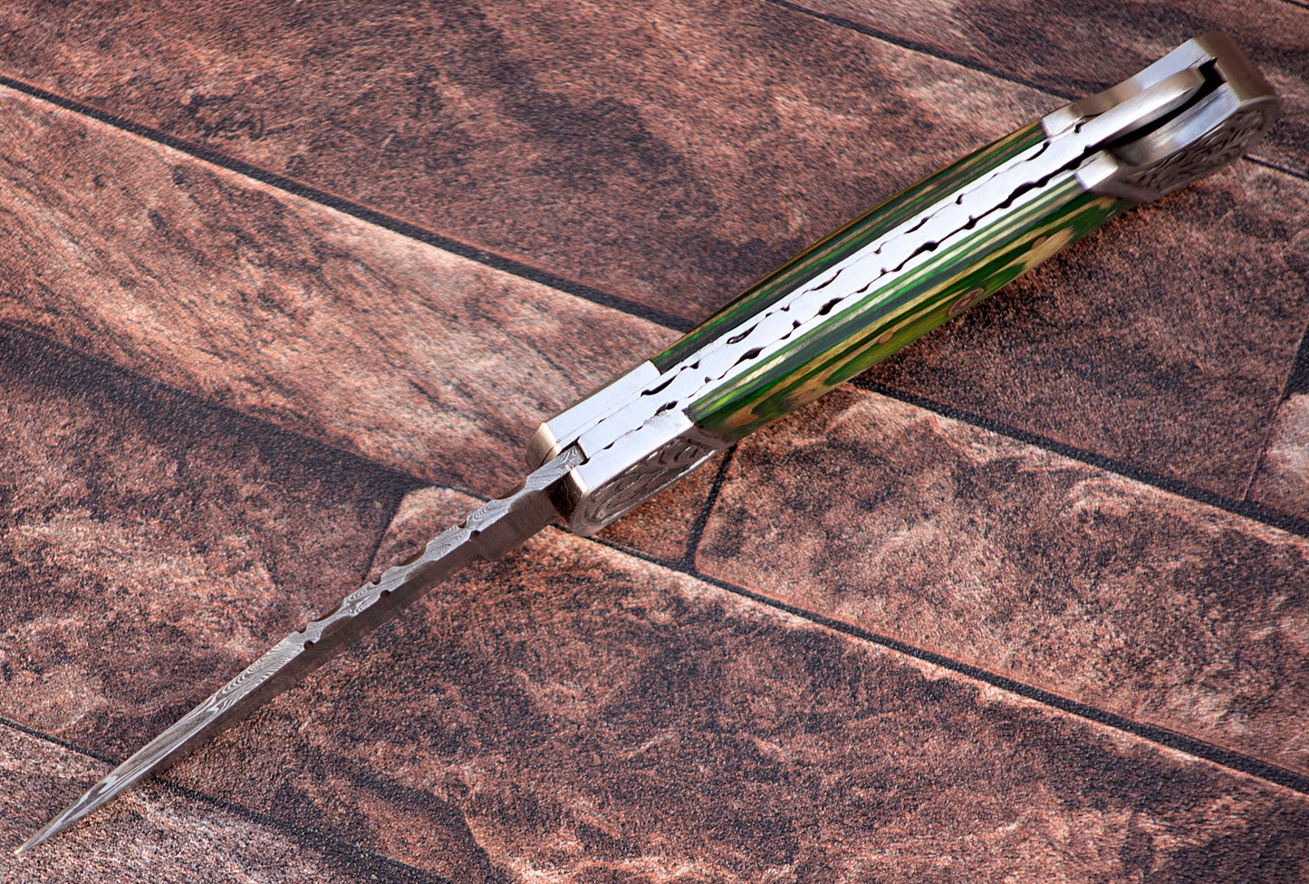 9" long back lock Folding Knife, parrot green wood Scale with Engraved steel bolster, custom made 4" Hand Forged Damascus steel blade, Cow hide leather sheath with belt loop