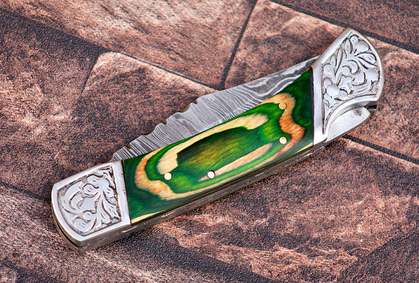 9" long back lock Folding Knife, parrot green wood Scale with Engraved steel bolster, custom made 4" Hand Forged Damascus steel blade, Cow hide leather sheath with belt loop