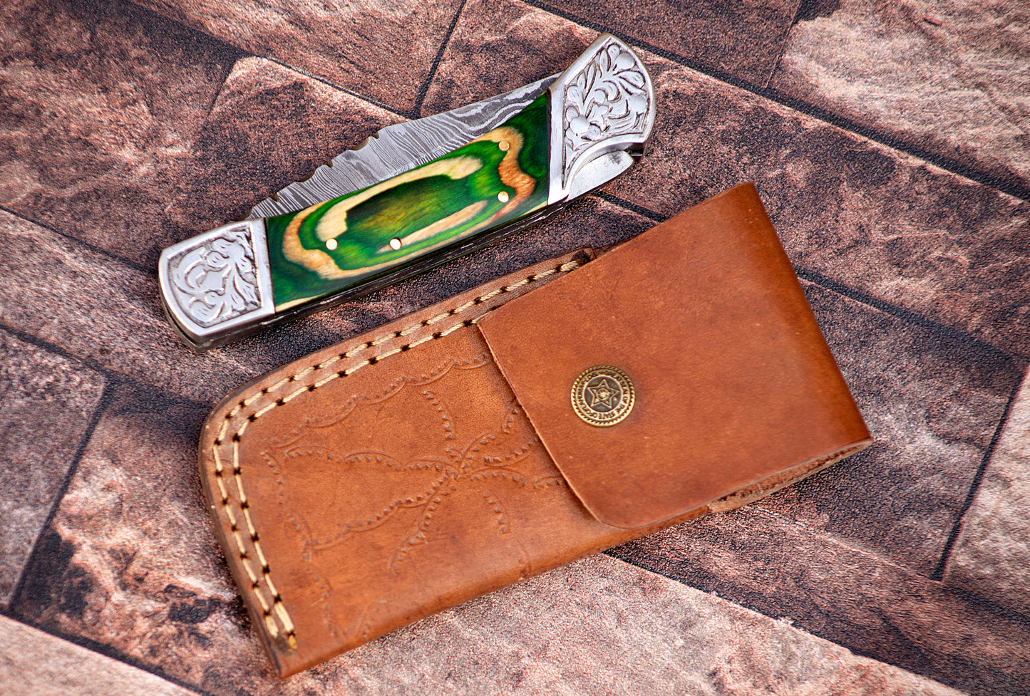 9" long back lock Folding Knife, parrot green wood Scale with Engraved steel bolster, custom made 4" Hand Forged Damascus steel blade, Cow hide leather sheath with belt loop