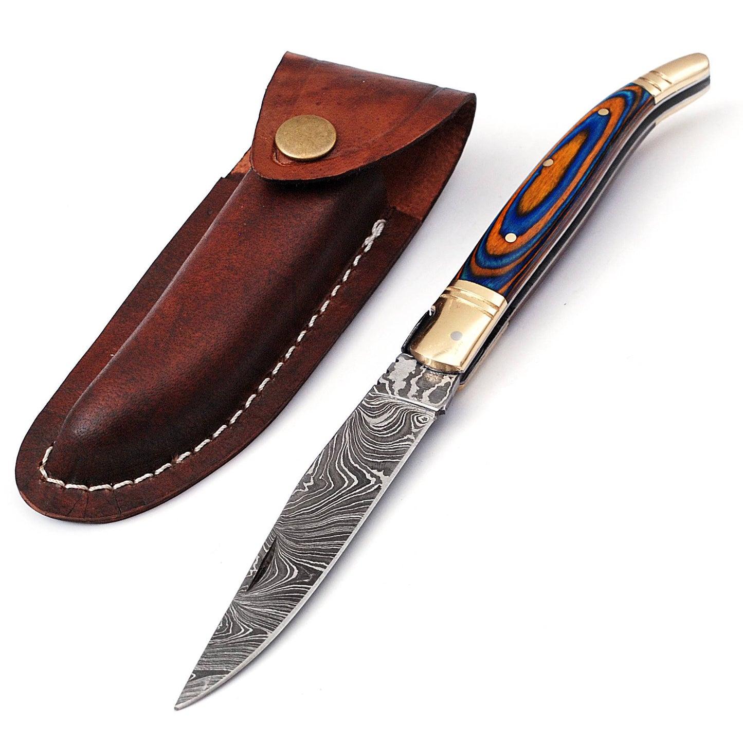Laguiole Folding Damascus steel knife, 8.5" Long with 4" hand forged custom twist pattern Blade.Blue & Orange wood scale with brass bolster, Cow hide leather sheath included