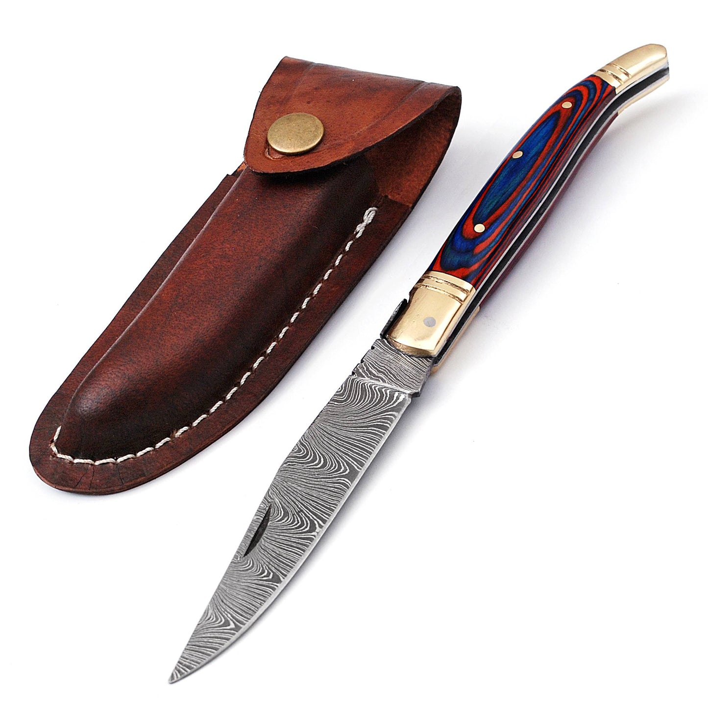 Copy of Laguiole Folding Damascus steel knife, 8.5" Long with 4" hand forged custom twist pattern Blade.Blue & Red wood scale with brass bolster, Cow hide leather sheath included