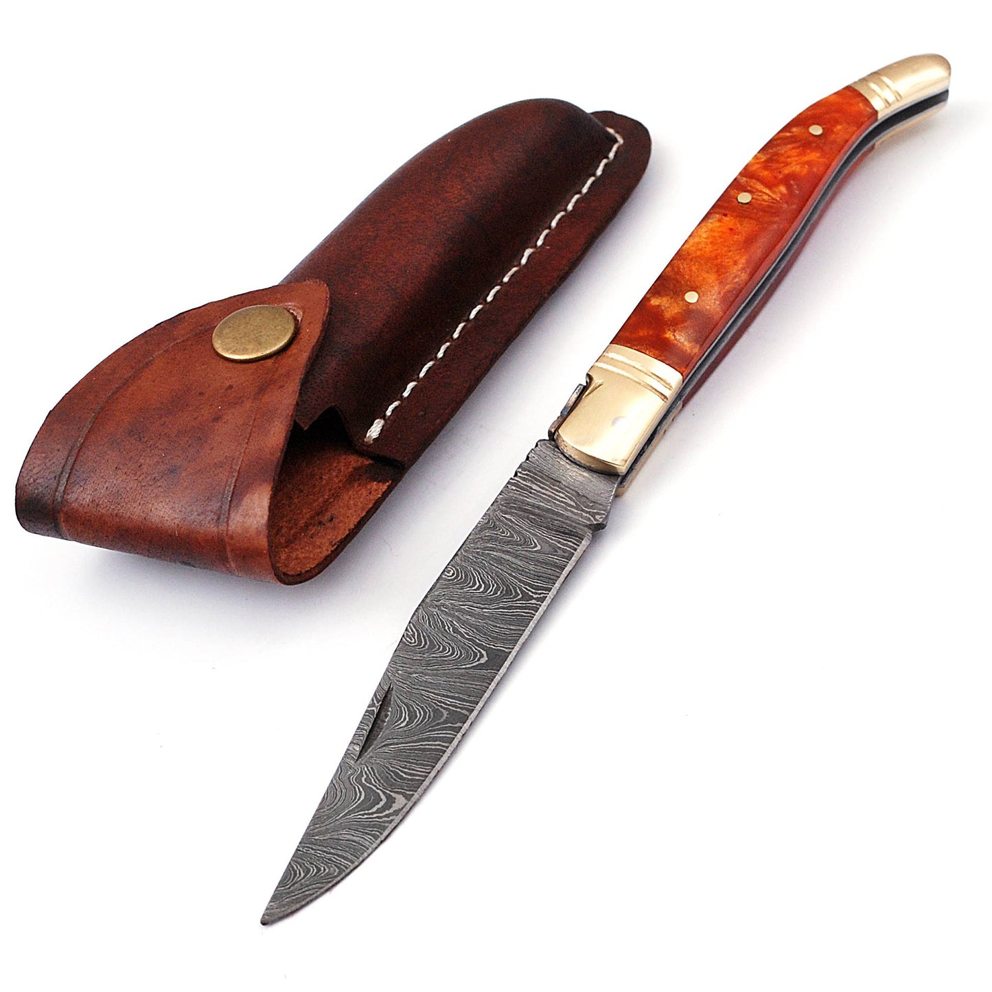 Laguiole Folding Damascus steel knife, 8.5" Long with 4" hand forged custom twist pattern Blade.Orange color unshrinkable Raisen scale with brass bolster, Cow hide leather sheath included