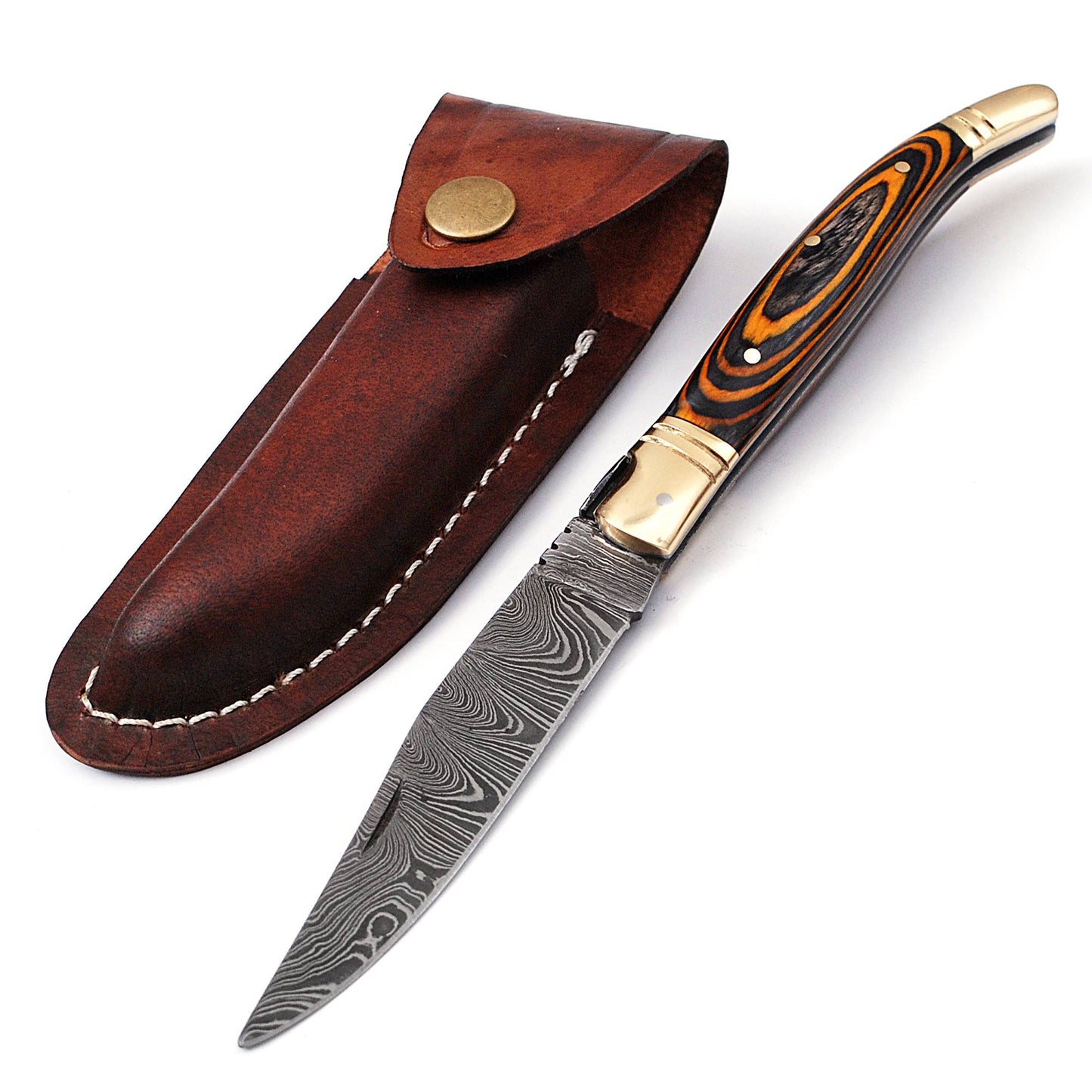 Copy of Folding Damascus steel knife, 8.5" Long with 4" hand forged custom twist pattern Blade. 2 tone Brown wood scale with brass bolster, Cow hide leather sheath included