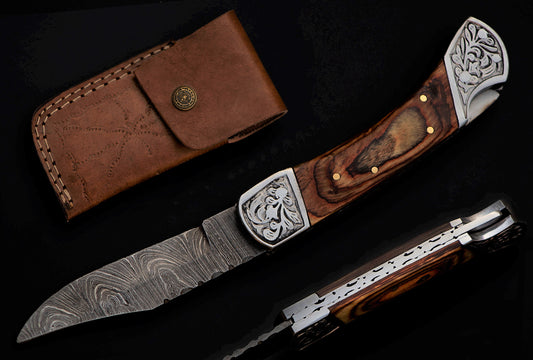 Copy of Copy of 9" long back lock Folding Knife, Brown wood Scale with Engraved steel bolster, custom made 4" Hand Forged Damascus steel blade, Cow hide leather sheath with belt loop