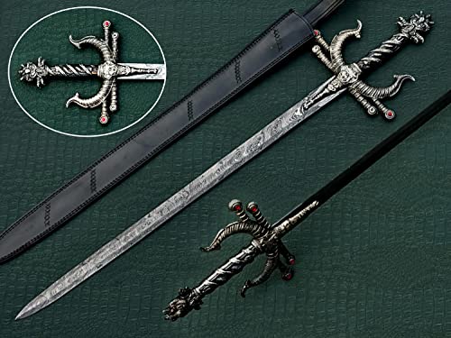 38 inches Long Medieval Barbarian Sword, 29" Long Double Edge Twist Pattern Damascus Steel Blade, Exotic Steel Grip