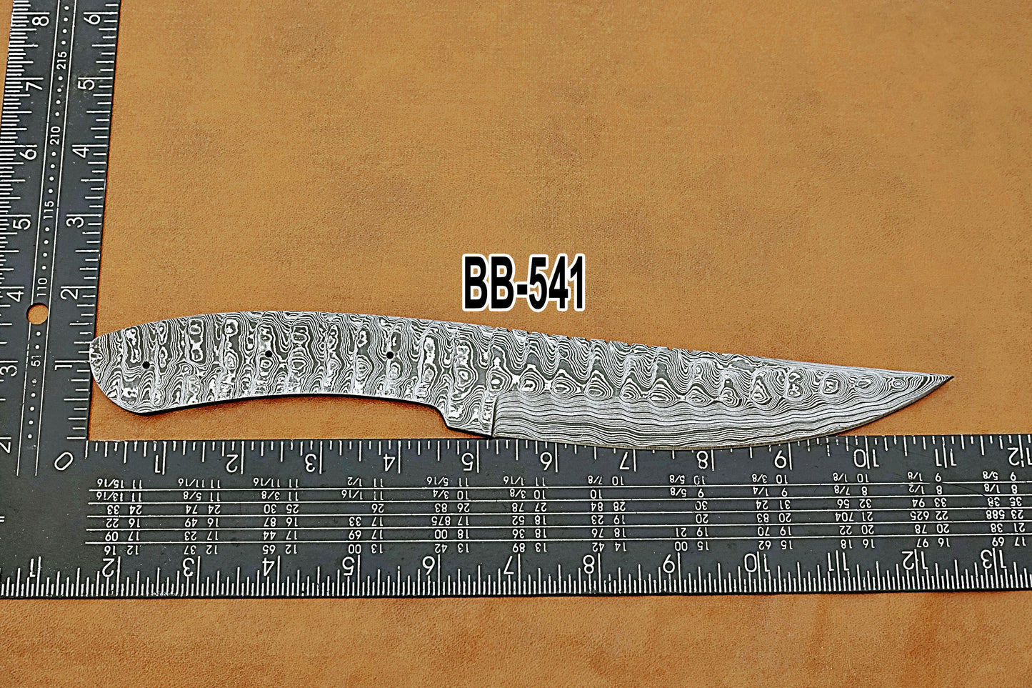 Knife Making, Damascus Steel Blank Blade 11 inches Long Hand Forged Trailing Point Skinning Knife, Hunting Knife with 3 Pin Hole, 6 inches Cutting Edge, 4.5" Scale Space