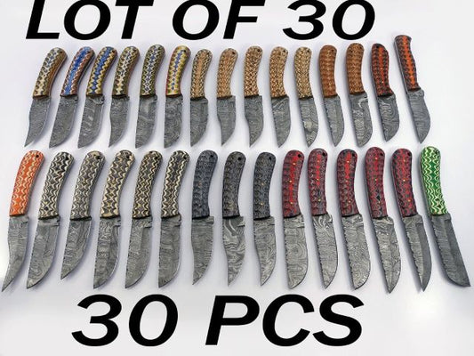 30 pieces Damascus steel fixed blade skinning knives lot with Leather sheath. Over 225 inches long Damascus steel knives in assorted colors