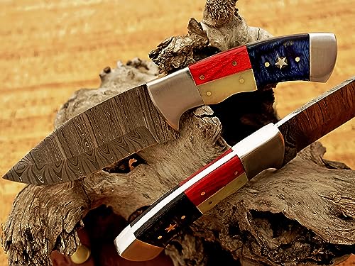 9.5" Long drop point Damascus steel blade skinning knife, hand forged ladder pattern Damascus steel full tang blade, US flag color scale with stainless steel bolster, Cow Leather sheath with belt loop