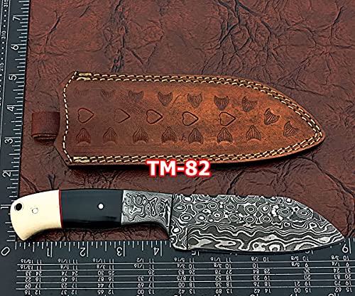 9" Long Trailing Point Blade Skinning Knife, Hand Forged rain Drop Pattern Damascus Steel Full Tang Blade, Natural Camel Bone and Bull Horn Scale with Damascus Bolster, Cow Leather Sheath