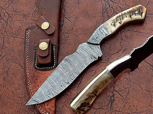 11" Long full tang blade skinning Knife, 5.5 inches long Ladder pattern drop point Damascus steel blade, Natural pine wood scale with Damascus bolster, Cow Leather sheath with snap pocket and belt loop