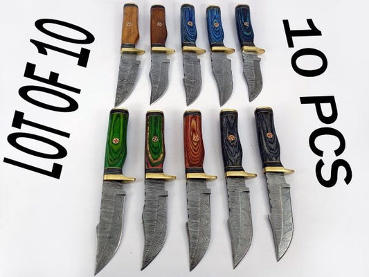 10 pieces Damascus steel fixed blade round scale skinning knives lot with Leather sheath. Over 70 inches long Damascus steel knives in assorted colors