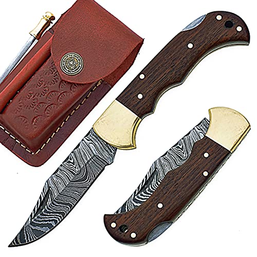 7.25" long back lock Folding Knife, Available in 4 different Scales with Brass bolster and lace hole, 3.25" long Hand Forged Damascus steel blade, Cow hide leather sheath with belt loop