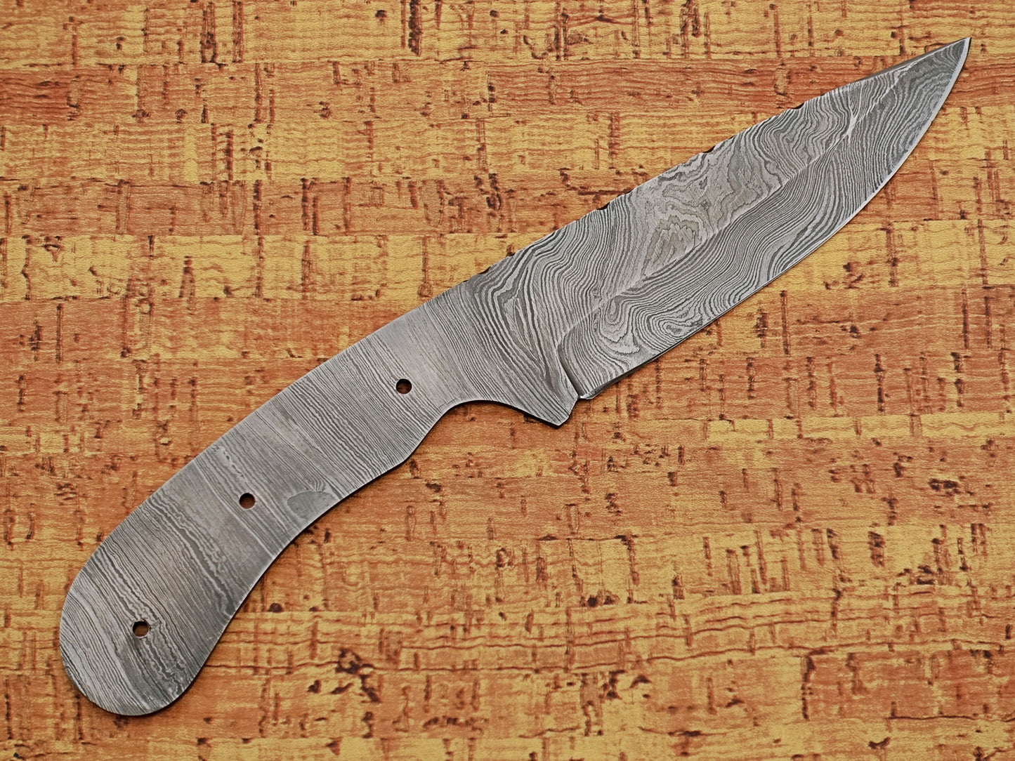 8.75 inches long drop point blank blade, hand forged twist pattern Damascus steel blank blade skinning knife with 3 Pin hole & finger groove, 4.5 inches cutting edge