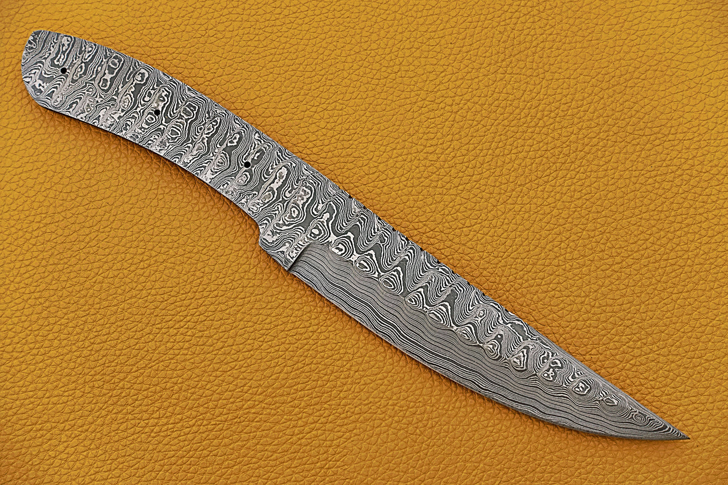 Knife Making, Damascus Steel Blank Blade 11 inches Long Hand Forged Trailing Point Skinning Knife, Hunting Knife with 3 Pin Hole, 6 inches Cutting Edge, 4.5" Scale Space