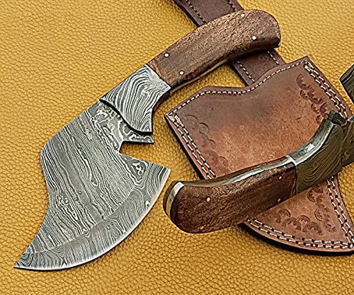 10.5" Long Hand Forged Twist Pattern Full Tang Damascus Steel Chopper with 5" Cutting Edge, Natural Walnut Wood Scale with Damascus Bolster, Cow Hide Leather Sheath Included