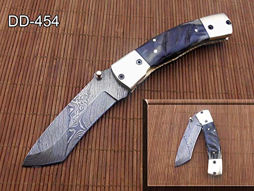 8" Natural Ram Horn Scale Tanto Blade Folding Knife, Hand Forged Twist Pattern Damascus Steel, Equipped with Thumb pin & Liner Lock, Cow Hide Leather Sheath Included