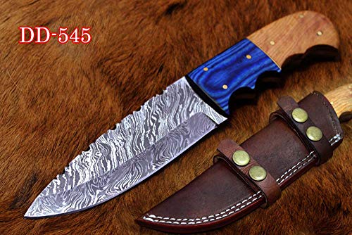 9" Long Hand Forged Damascus Steel Full Tang Skinning Knife, Natural Kow Wood & Blue Colored Wood Scale, Cow Hide Leather Sheath Included