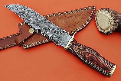 Damascus steel Gut hook hunting knife, Finger guard wood scale, leather Sheath