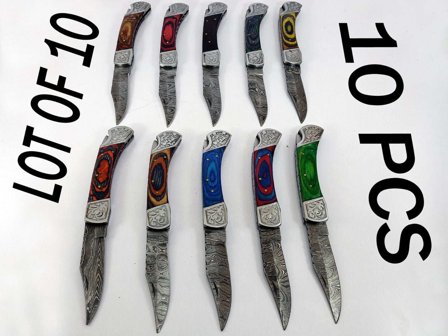 10 pieces lot of Damascus steel blade back lock folding Buck knife with Leather Sheath