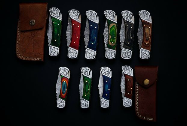 10 pieces 8.5 and 7.5" Damascus steel back lock folding knife set with Sheath