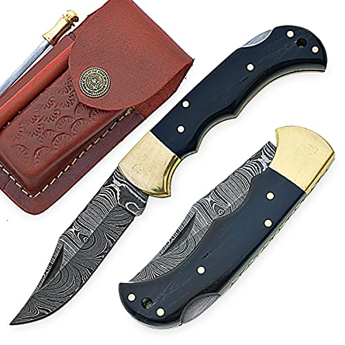 7.25" long back lock Folding Knife, Available in 4 different Scales with Brass bolster and lace hole, 3.25" long Hand Forged Damascus steel blade, Cow hide leather sheath with belt loop