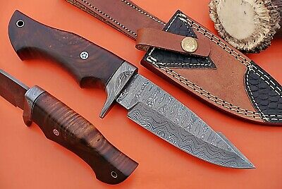 9" Long trailing point Damascus Steel skinning Knife, Walnut wood, Sheath