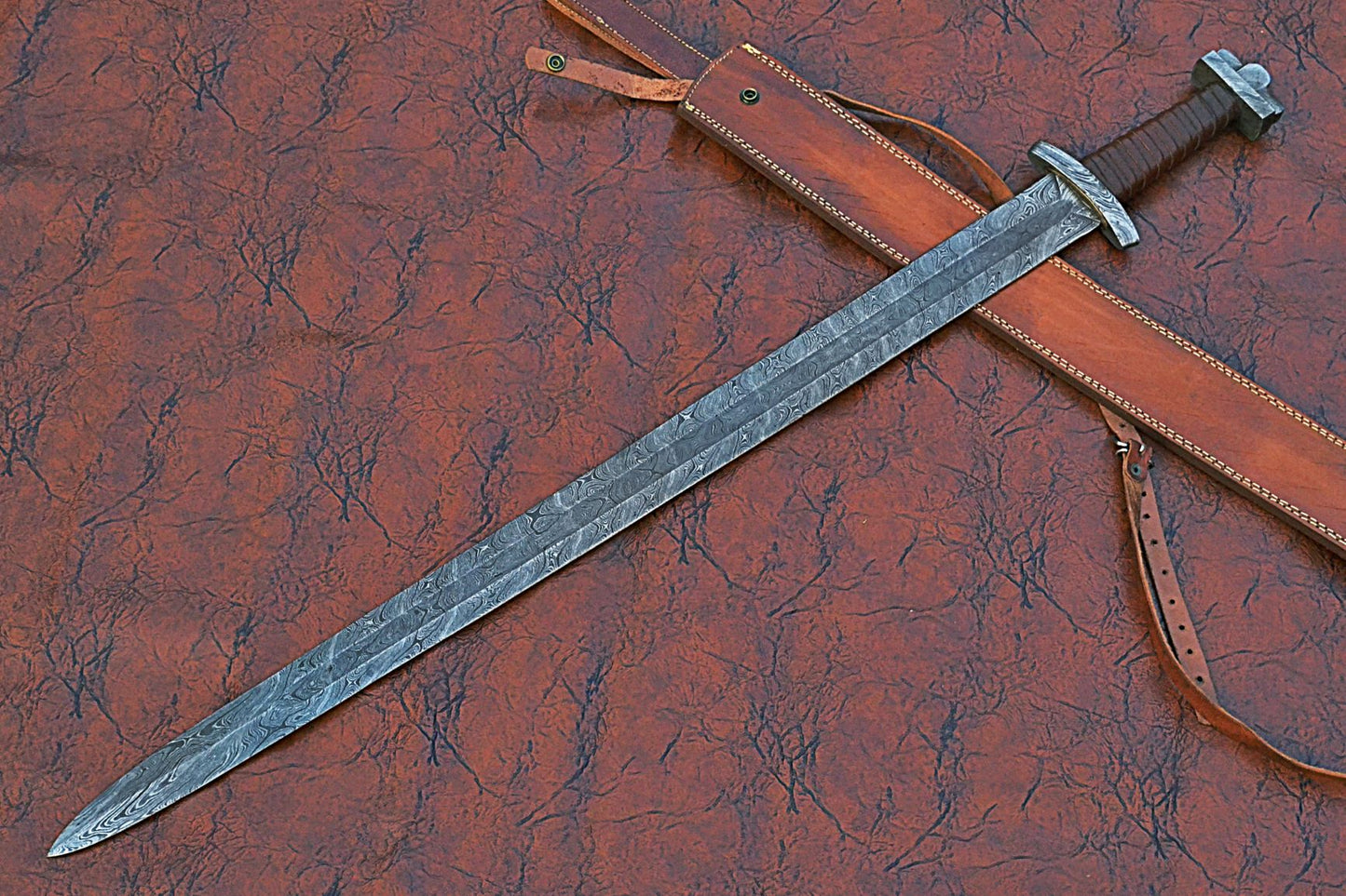 39 inches Long Green Destiny Sword, 31" Long Hand Forged Damascus Steel Double Edge Blade, Solid Damascus Steel Cross hilt Forward and Pommel, Leather Scabbard with Shoulder Stripe
