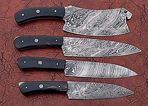 4 pieces Damascus steel chef knives set with leather bag, Contains Slicing, Chef, Utility knife and cleaver, overall 45 inches hand forged twist pattern Damascus steel blade, Includes leather roll bag