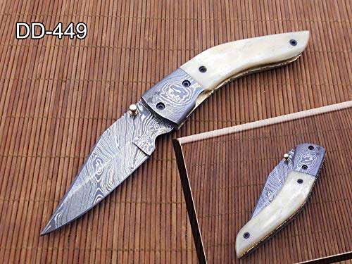 7.5" Folding Knife, 3.5" Hand Forged Twist Pattern Damascus Steel Blade Pocket Knife, 4" Camel Bone Scale, Liner Lock & Thumb knob Equipped, Cow Hide Leather Sheath