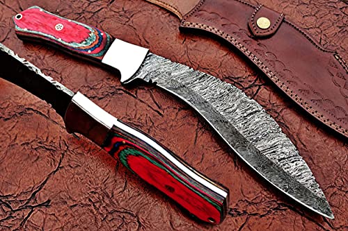 Damascus Steel Kukri Knife 14 Inches Custom Made with red Wood Scale, 9" Long Hand Forged fire Pattern Damascus Steel Blade, Comes with Thick Cow Hide Leather Sheath