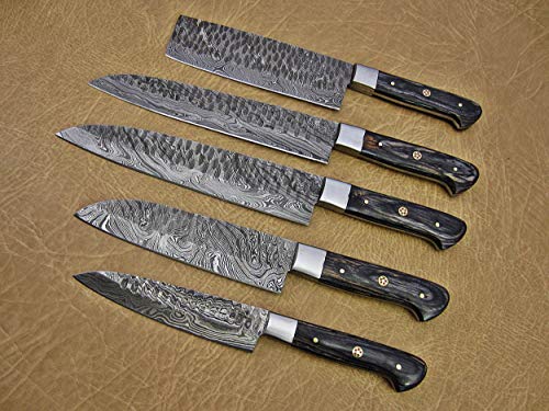 5 Pieces Damascus Steel Hammered Kitchen Knife Set, 2 Tone Black Wood Scale, 54 inches Long Sharp Knives, Custom Made Hand Forged Hammered Damascus Steel Blade, Goat Suede Roll Leather Sheath