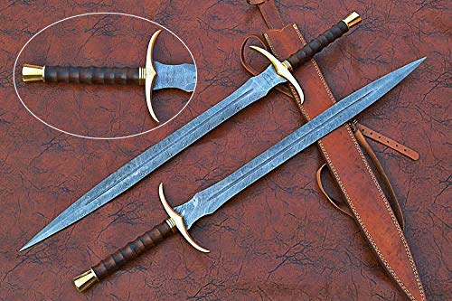 32 inches Long Sting Sword, 22" Long Hand Forged Damascus Steel Double Edge Blade, Brass Cross hilt Forward and Pommel, Walnut Wood Serrated Grip, Leather Scabbard with Shoulder Stripe
