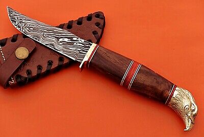 10" custom skinning knife with eagle pomel, trailing point blade, Leather sheath