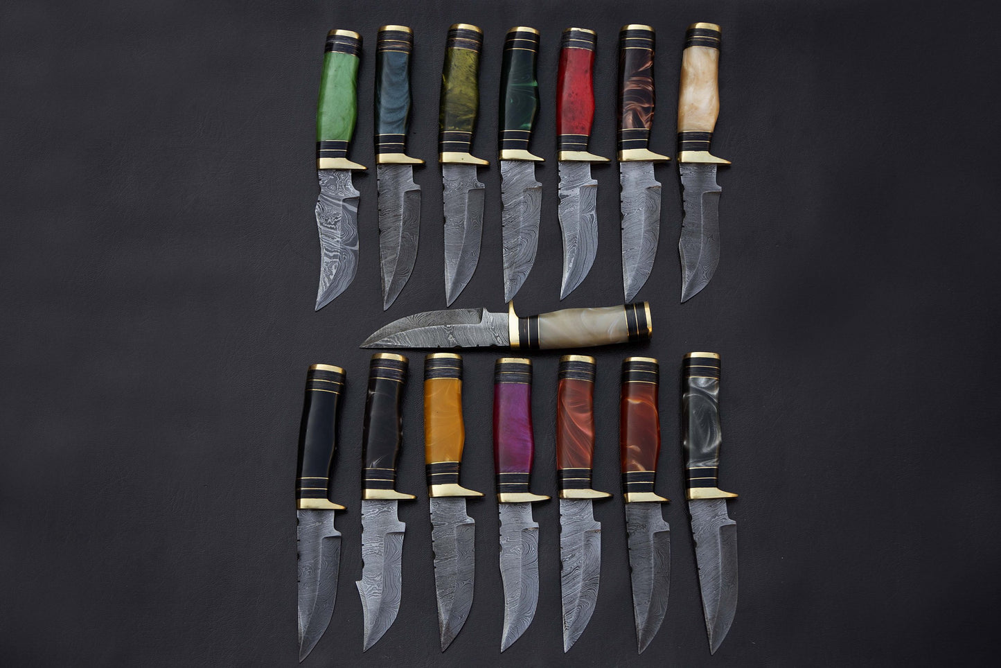 15 pieces Damascus steel unshrinkable Raisen Round scale skinning knives set with Leather sheath. Overall 125 inches long Damascus steel blade knives