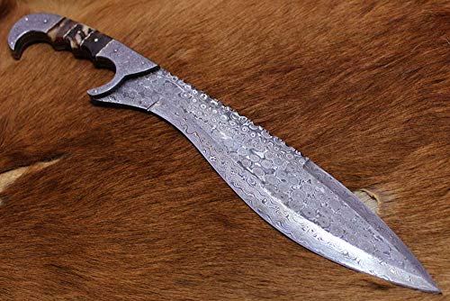 17" Long Hand Forged rain Drop Pattern Damascus Steel Hunting Bowie Knife, Natural Ram Horn Scale with Damascus Bolster and Finger Guard, Cow Hide Leather Sheath with Belt Loop Included