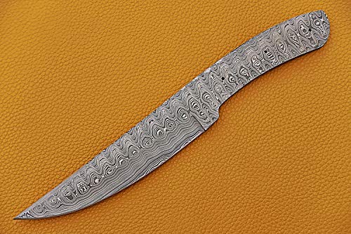 Knife Making, Damascus Steel Blank Blade 11 inches Long Hand Forged Trailing Point Skinning Knife, Hunting Knife with 3 Pin Hole, 6 inches Cutting Edge, 4.5" Scale Space