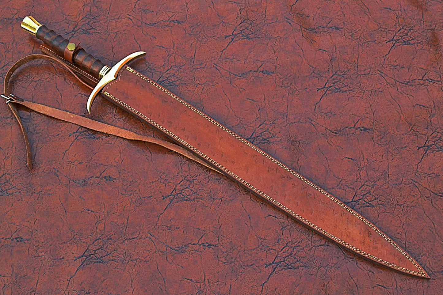 32 inches Long Sting Sword, 22" Long Hand Forged Damascus Steel Double Edge Blade, Brass Cross hilt Forward and Pommel, Walnut Wood Serrated Grip, Leather Scabbard with Shoulder Stripe