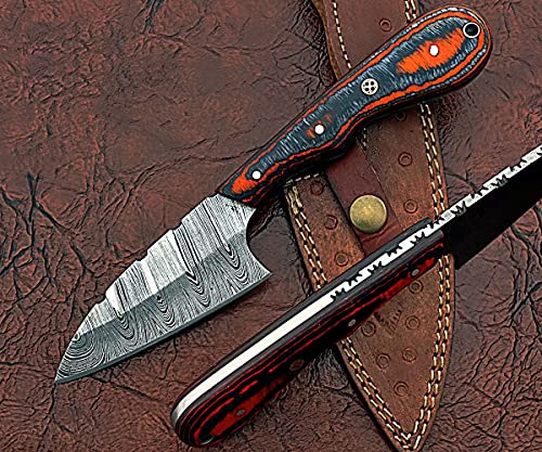 9" Long Straight Edge Blade Skinning Knife, Hand Forged Twist Pattern Damascus Steel Full Tang Blade, Multi Color Black Scale, Cow Hide Leather Sheath