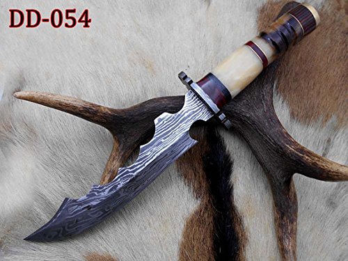 13 Inches Damascus Steel hunting Knife with finger guard custom made Hand Forged 7.5" long blade Ram horn Camel bone scale leather sheath
