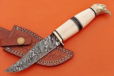 10" trailing point blade custom skinning knife with eagle pomel, Leather sheath