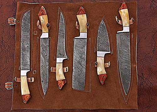 6 pieces Damascus steel kitchen knife set with leather bag, 74" long knives Includes bread knife, Steak knife, Boning knife, Cleaver, Utility knife, chef knife. Camel bone and wood scale