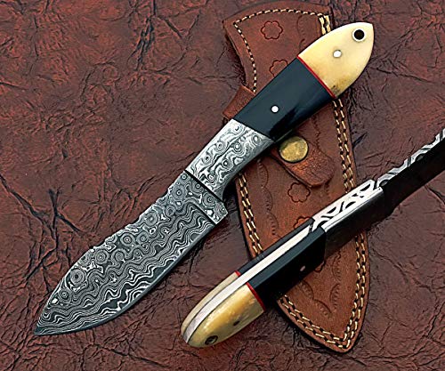9" Long Modified Trailing Point Blade Skinning Knife, Hand Forged Rain Drop Pattern Damascus Steel Full Tang Blade, Camel Bone and Bull Horn Scale with Damascus Bolster, Cow Leather Sheath