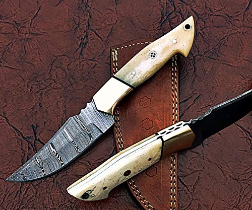 9" Long Trailing Point Blade Skinning Knife, Hand Forged Ladder Pattern Damascus Steel Full Tang Blade, Natural Camel Bone Scale with Brass Bolster, Cow Leather Sheath